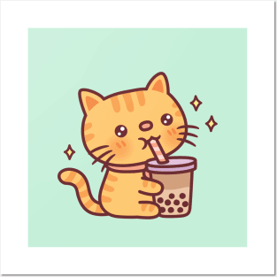 Cute Tabby Cat Drinking Bubble Tea Posters and Art